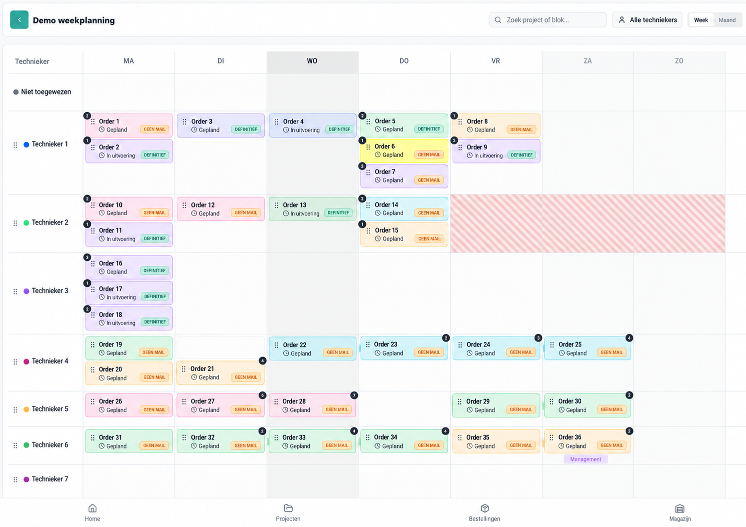 Geanonimiseerde Uptone Engine-weekplanning met generieke techniekers en gekleurde orderblokken.