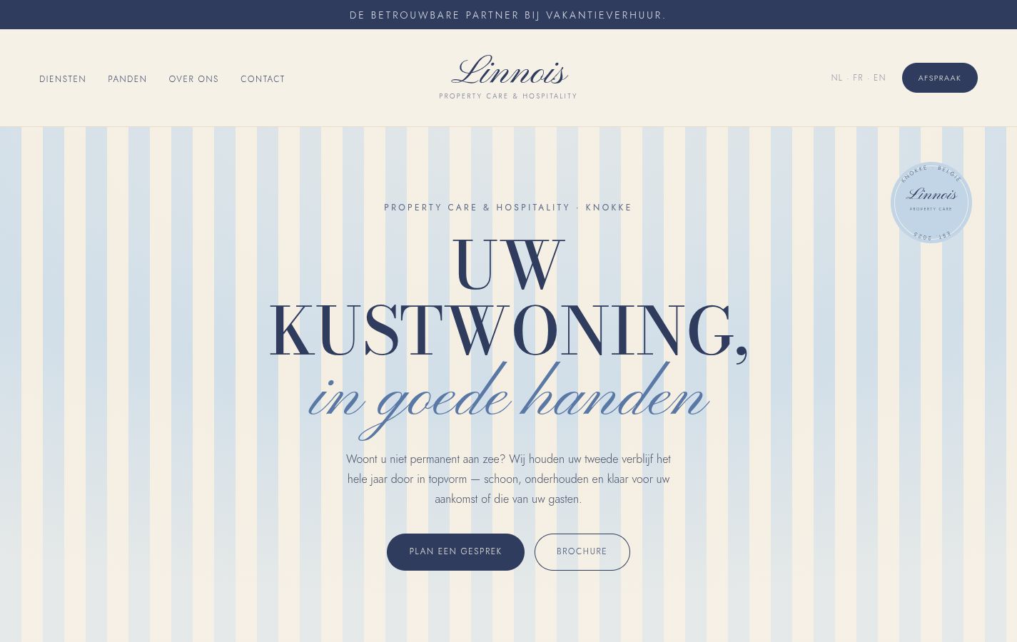 Homepage van Linnois, property care en hospitality aan de kust.