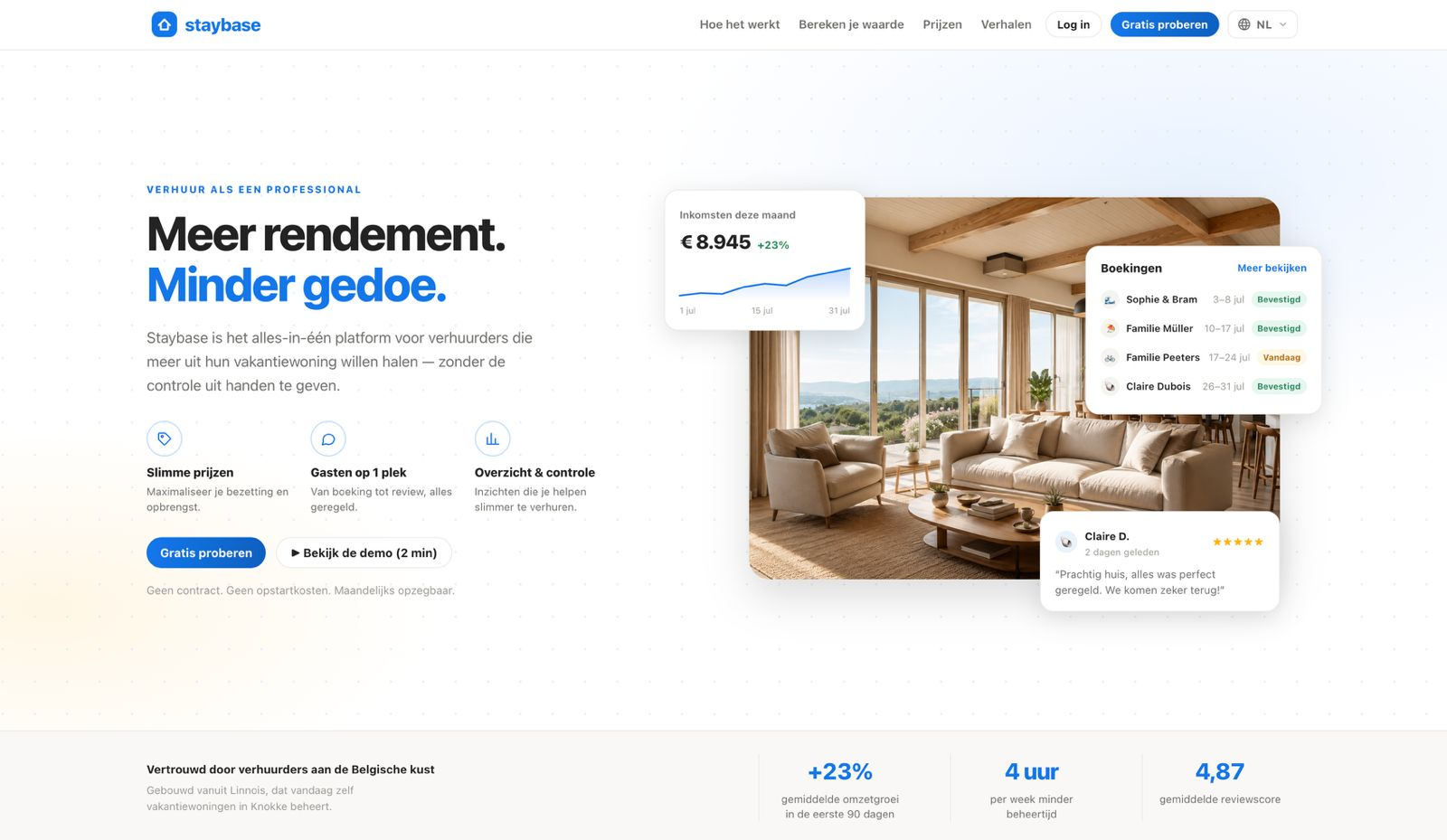 StayBase-website voor vakantieverhuur, met boekingen, prijsbeheer en een overzicht van de werking.
